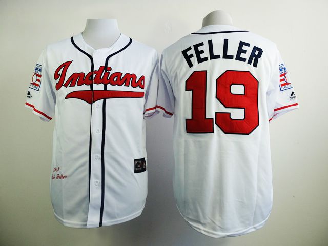 Men Cleveland Indians #19 Feller White Throwback MLB Jerseys